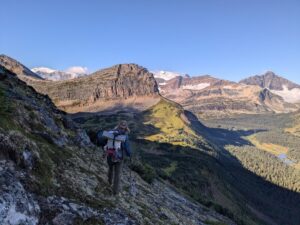 Hiking around Watin Mountain with a view down to Belcourt Creek