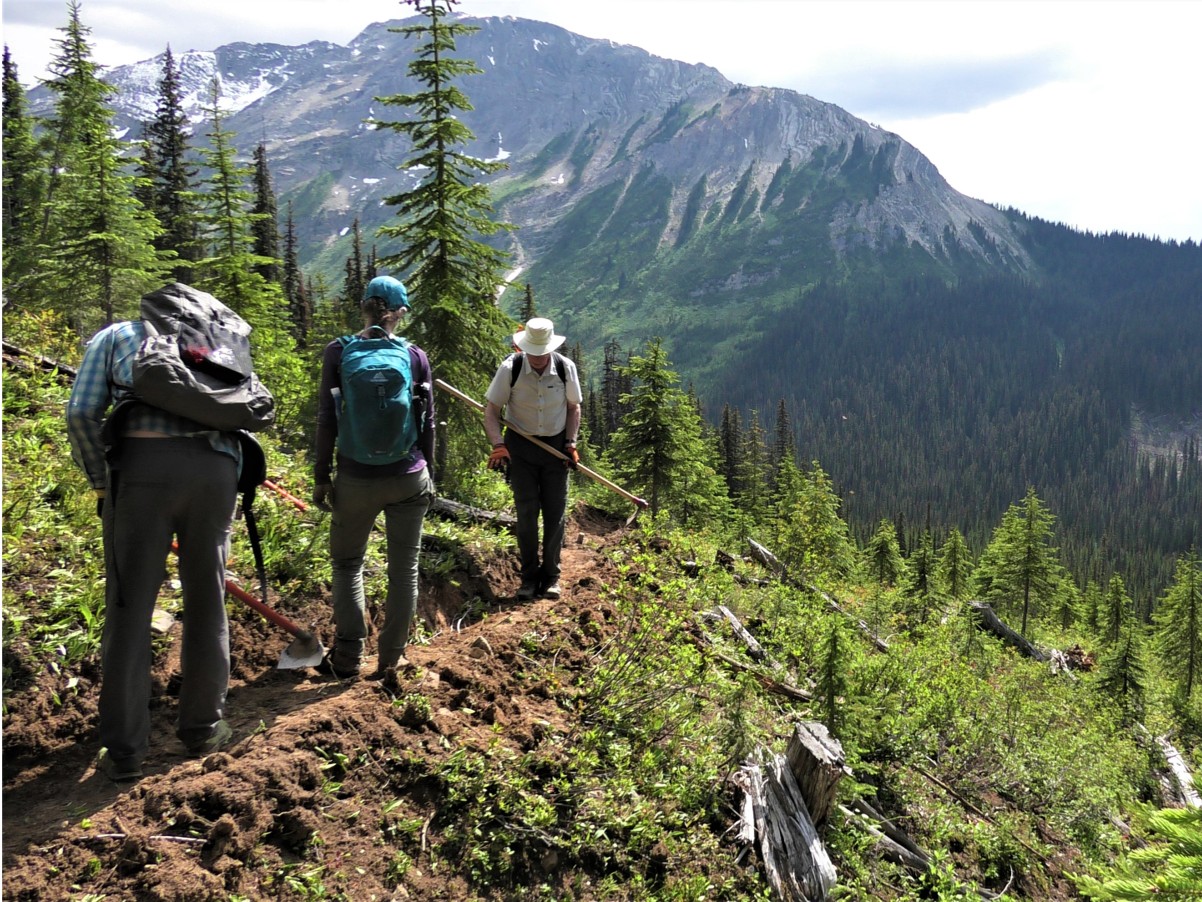 people building a section of trail in the mountains